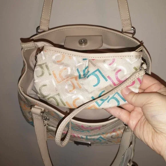 NWT Liz Claiborne Handbag, khaki with multi color LC's, - Picture 12 of 16